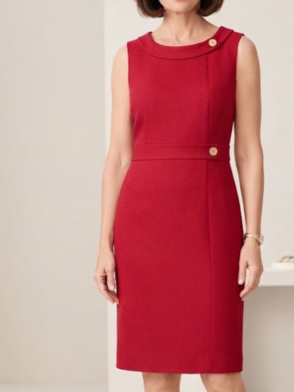 Talbots Petite Shift Dress Sleeveless Red Wineberry Gold Button Detail Size 14P